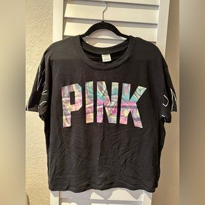 PINK black t shirt with different color letters size L